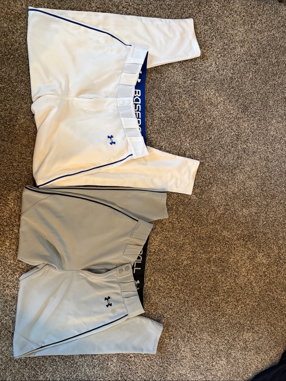Under Armour White with blue piping & Light Gray with black Baseball Pants Duo